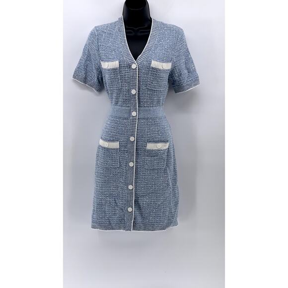 GOELIA Women's Blue-White Knit V-Neck Gathered Waist Button-Up Mini Dress SZ XS - Picture 1 of 12